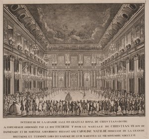 Udvari bál Christiansborg lovagtermében VII. Christian Caroline Mathilde esküvőjén alkotó: Johannes Gottfred Bradt