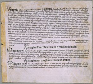 Bocsánatkérő levél (a törökök elleni hadjáratért és Ciprus védelméért), (Mainz, Johannes Gutenberg, 1455) alkotó: Johannes Gutenberg