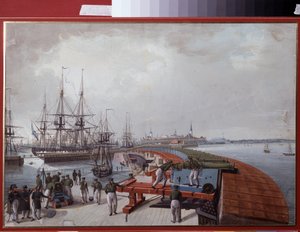 Kilátás Revalra (jelenlegi Tallinn (Tallin), Észtországban), a kikötőre és az orosz part tüzérségére (Reval nézete, A kikötő és az orosz part tüzérsége). Johannes Hau (1771-1838) munkája, akvarell papíron alkotó: Johannes Hau
