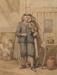 Hegedűs a kocsmában, három emberrel a háttérben, 19. század közepe. alkotó: Johannes Hendrik van West