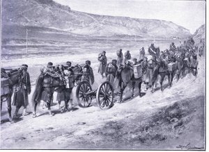 Egy üteg terepágyú úton Ichon felé, illusztráció a Cassells története az orosz-japán háború 1. kötetéből, 1900 körül