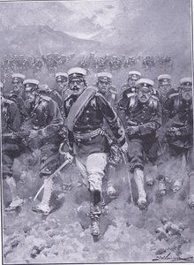 A japán gyalogság támadása, illusztráció a Cassells History of the Russian-Japanese War 1. kötetből, 1900 körül