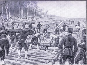 Japán mérnökök fautat építenek a csapatok számára, illusztráció: Cassells Az orosz-japán háború története, 1. kötet, 1900 körül