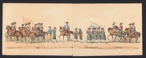 A Groningeni Alkalmazott Tudományok Egyetem hallgatóinak történelmi körmenete, 1850 (2. tábla) Maurits, Orange hercege, Nassau grófja stb. és Willem Lodewijk, Nassau grófja bejáratának jelmezes ábrázolása Groningenben 1594-ben, H.H. alkotó: Johannes Hermanus van de Weijer