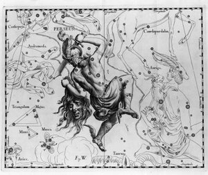 A Persee csillagkép. Johannes Hevelius vagy Hevel (1611-1687) „Firmamentum Sobiescanum sive Uranographia” című táblája alkotó: Johannes Hevelius