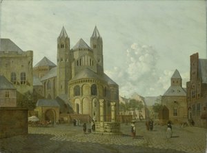 Képzeletbeli városkép román stílusú templommal