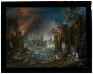 Landscape With Lot and His Daughters and The Burning Sodom In The Background alkotó: Johannes Jakob Hartmann