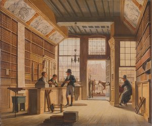 Der Laden des Buchhändlers Pieter Meijer Warnars am Vijgendam Amszterdamban. 1820