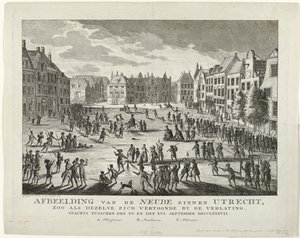 Hazafiak elhagyják a Neude-t Utrechtben, 1787 Az utrechti Neude ábrázolása, ahogyan az éjszaka elhagyásakor megjelent a XV. és a XVI. szeptember MDCCLXXXVII (cím az objektumon)