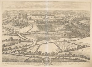 Bolsover kastélya Darbyshire-ben: a legnemesebb és leghatalmasabb John Holles herceg, Newcastle hercege, Clare márki és gróf, Haughton báró, Nottingham megye lord hadnagyának és városának és városának megyéjének egyik székhelye Nottingham an alkotó: Johannes Kip