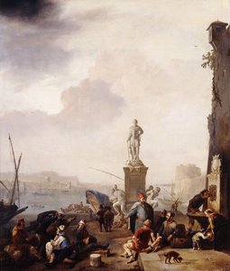 Földközi-tengeri kikötő I. Ferdinando toszkánai nagyherceg emlékművével Leghornban, alkotó: Johannes Lingelbach