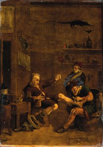 Egy sebész egy férfi lábát kezeli. Mezzotint Johannes Lingelbachnak tulajdonított kompozíció alapján. alkotó: Johannes Lingelbach