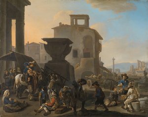 Olasz piactér egy gubacs fogorvossal Piactér egy olasz városban, vándorfoghúzóval alkotó: Johannes Lingelbach