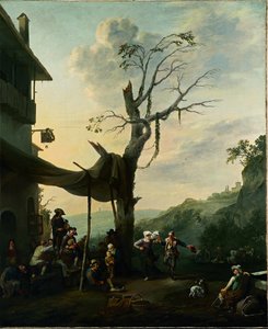Hegyvidéki táj, táncoló és zenélő parasztok egy fogadó előtt alkotó: Johannes Lingelbach