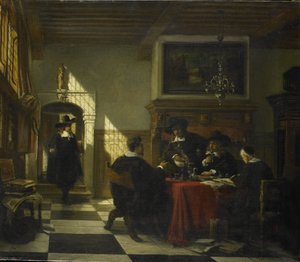 Társaság 17. századi jelmezben egy asztalnál, amelyen Nautilus csésze alkotó: Johannes Stroebel