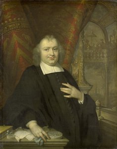 Gaspar Fagel, 1672 utáni holland nagynyugdíjas portréja a háttérben a hágai Binnenhofban található a Holland Államok Találkozóterme alkotó: Johannes Vollevens (I) (copy after)