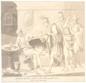 "M. Curius Dantatus foragter de Samnitiske Gesanters Gaver./ Plutach: in vita. Cato, a cenzor."