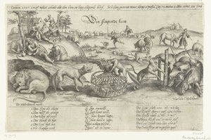 Az alvó oroszlán, 1567 Az alvó oroszlán (cím a tárgyon) Négy allegória az 1576-1579 közötti hollandiai eseményekről (sorozat címe) alkotó: Johannes Wierix (attributed to)