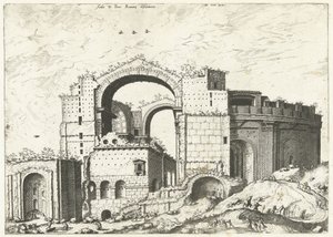 Gezicht op de Sint Pieter Rómában Az Aedis D. Peter Romana deformációja (cím a tárgyon) Római romok, 1561 (sorozat címe)