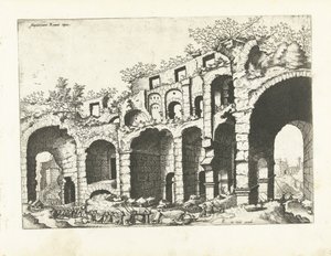Kilátás egy amfiteátrumra, valószínűleg a Colosseumra Római romok, 1561 (sorozat címe)