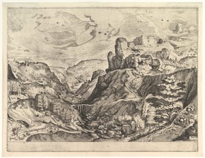Alpesi táj mély völgytel a The Large Landscapesből, kb. 1555-56.