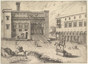 Kilátás a Campidoglio-ra a Capitolium-hegyen, lovas szoborral jobbra lent, innen..., 1562.