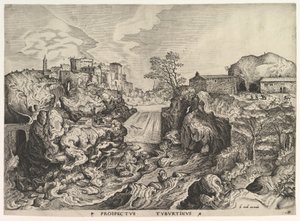 Kilátás a Tiber Tivoli Prospectus Tyburtinusra a Nagy tájakból, kb. 1555-56.