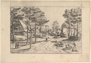 Falu utca, szarvasmarha, birka és pásztor az előtérben a Praediorum villar..., kb. 1559-61.