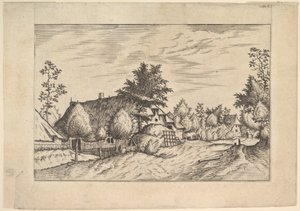 Village Street, egy tanya előtt felhalmozott széna Estates farmról és vidékről..., kb. 1559-61.