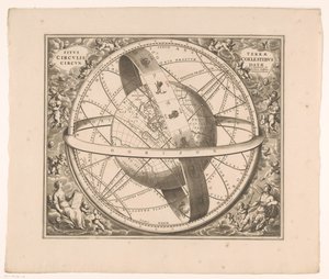 Hemelkaart van de aarde volgens het stelsel van Ptolemaeus A föld helyzete égi körökkel körülvéve (cím a tárgyon) alkotó: Johannes van Loon