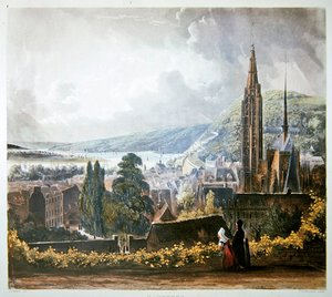 Caudebec, a "Views on the Seine" című, Thomas Sutherland (sz.1785) által metszett és R. Ackermann (1764-1834) által 1821-ben kiadott "Views on the Seine" című képből (színes litográfia). alkotó: John (after) Gendall
