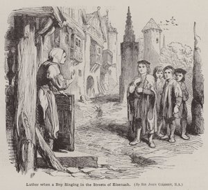 Luther Márton, amikor egy fiú énekel Eisenach utcáin (metszet) alkotó: John (after) Gilbert
