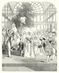 Viktória királynő és gyermekei az 1851-es Nagy Kiállításon, a Crystal Palace-ban, a Hyde Parkban, Londonban (metszet) alkotó: John (after) Gilbert