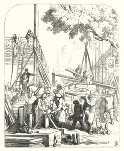 Munkások a Crystal Palace helyén, a Hyde Parkban, Londonban, az 1851-es Nagy Kiállítás helyszínén (metszet)