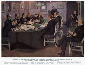 Sir David Beatty admirális felolvassa a fegyverszünet feltételeit a német küldötteknek, az elülső HMS Erzsébet királynőnek, Rosythnak alkotó: John (after) Lavery