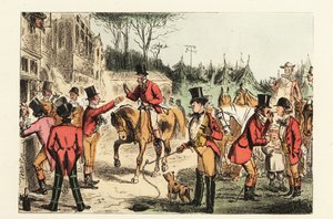 Egy rózsaszín ruhás vadász csatlakozik a többiekhez, akik isznak és dohányoznak a vadászat előtt alkotó: John (after) Leech