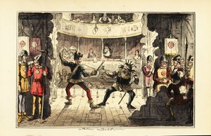 Henrik Tudort alakító színészek, akik III. Richárd angol király ellen küzdenek a színpadon a színházban alkotó: John (after) Leech
