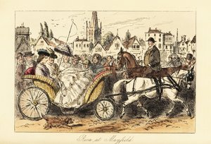Krinolinruhás, napernyős angol hölgy pónival húzott kosárkocsit vezet egy kisváros nyüzsgő utcáin alkotó: John (after) Leech