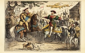 Henrik angol találkozás a francia I. Ferenccel lóháton az Aranyszövet mezőjén, 1520. június 7.