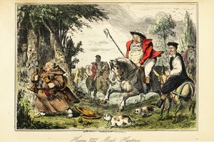 VIII. Henrik király viktoriánus vadászruhában, egy lóháton ülő pásztorbíróval, aki egy katolikus szerzetest üldöz, aki az egyházi arannyal menekül