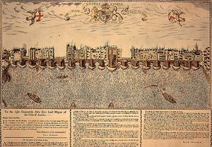 A London Bridge látképe keletről nyugatra, 1624-es metszet újranyomása alkotó: John (after) Norden