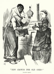 Punch rajzfilm: Új koronák a régieknek. Benjamin Disraeli (mint Aladdin) Viktória királynővel – az 1876-os királyi címről szóló törvény, amely elismeri a királynőt India császárnőjének (metszet)