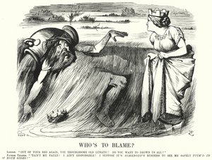 Punch rajzfilm: Ki a hibás? - intézkedések megtételére szólít fel a londoni Temze áradásainak megelőzése érdekében (metszet) alkotó: John (after) Tenniel