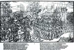 Sidney és az angol hadsereg menetel, zászlókkal és trombitákkal, 8. tábla John Derricke "The Image of Ireland" című művéből. alkotó: John (attr. to) Derricke