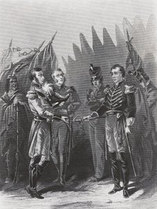 William Hull amerikai tábornok megadja magát a brit csapatoknak és az indián harcosoknak Detroitban, július 15. alkotó: Walter Charles Mills