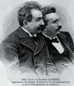 Auguste Marie Louis Nicolas Lumiere (1862-1954) és Louis Jean Lumiere (1864-1948), francia vállalkozók és a filmvetítő feltalálói portréja, metszet fényképről alkotó: Walter Charles Mills