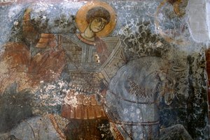 Szent György, Ioannis Pagomenos freskója az Agios Georgios templomban, Anidri, Kréta, Görögország alkotó: Walter Charles Mills