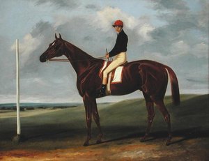 Gesztenyecsikó Jockey-val és kezdőoszloppal (olaj, vászon)