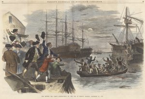 A Boston Tea Party? A tea megsemmisítése Boston Harborban, 1773. december 16-án, a Ballous Pictorial Drawing-Room Companion kocsmából. 1865 (színes metszet) alkotó: John Andrew