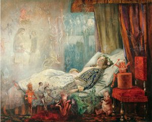 ""Le reve apres le bal masque" (Álom az álarcos bál után) Peinture de John Anster Fitzgerald (1832-1906), - Olaj, vászon, 35,5x44,5 - Magángyűjtemény alkotó: John Anster Fitzgerald